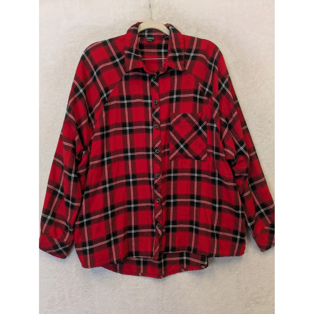 Wild Fable Button Down‎ Shirt Women's Medium Red Black Plaid Long Sleeve Pockets
